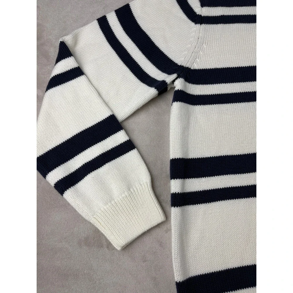 Chaps Mens Cotton Crewneck Sweater Large White Navy Blue Nautical Knit‎ Pullover